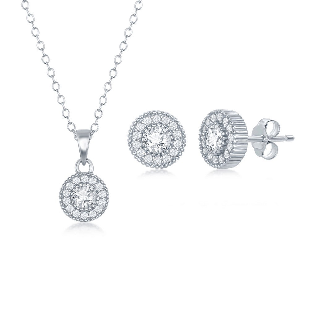 Sterling Silver CZ Halo Necklace and Earrings Set