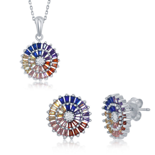 Sterling Silver Rainbow Baguettes CZ Round Disc Pendant and Earrings Set