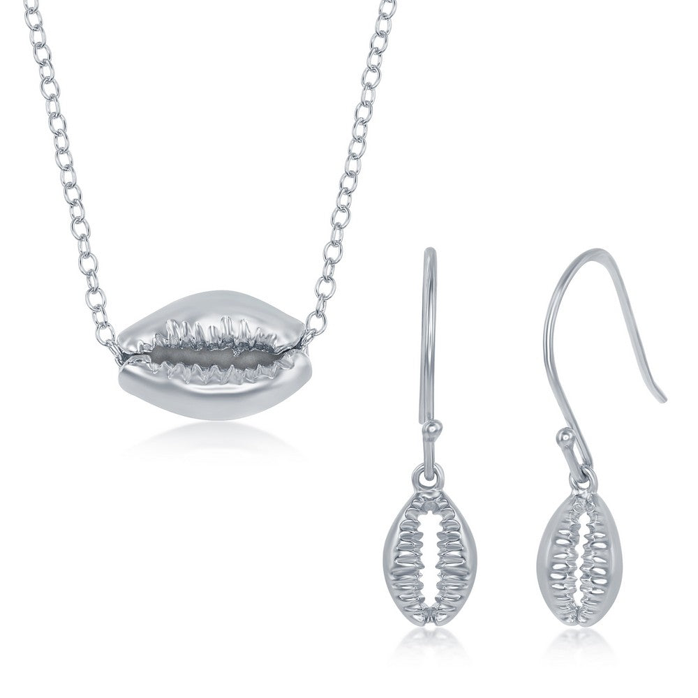 Sterling Silver Cowrie Shell Necklace and Earrings Set