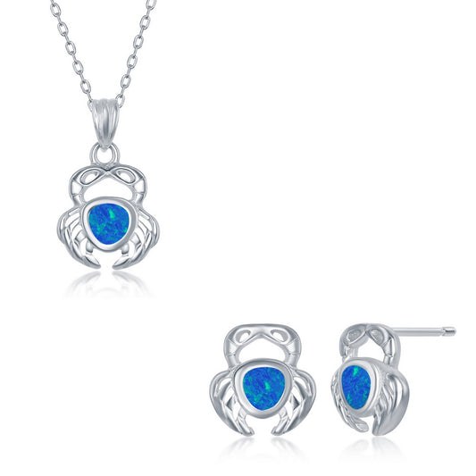 Sterling Silver Blue Inlay Opal Necklace and Earrings Set - Crab