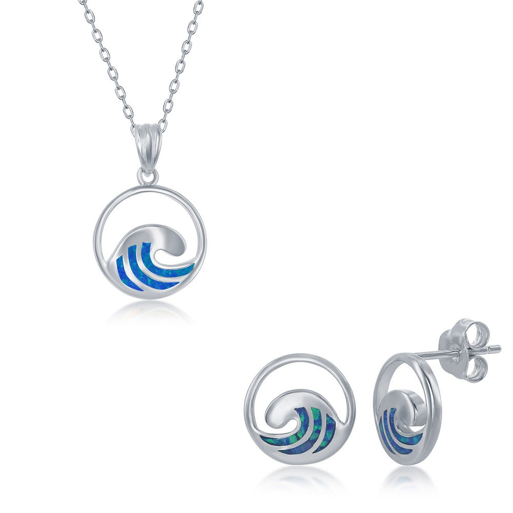 Sterling Silver Blue Inlay Opal Necklace and Earrings Set - Wave