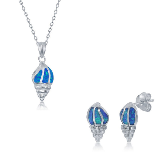 Sterling Silver Blue Inlay Opal Necklace and Earrings Set - Sea Shell