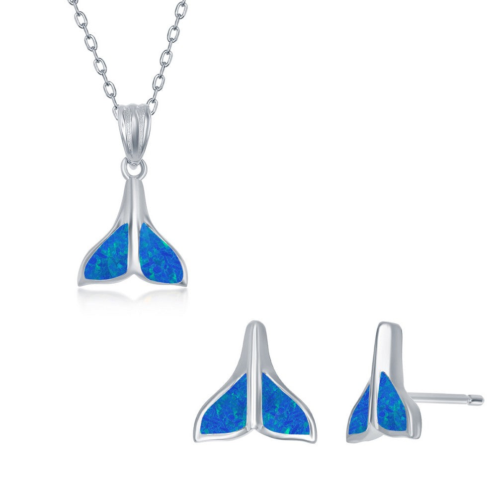 Sterling Silver Blue Inlay Opal Necklace and Earrings Set - Whale Tail