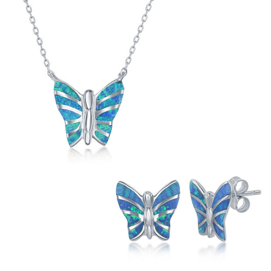 Sterling Silver Blue Inlay Opal Necklace and Earrings Set - Butterfly