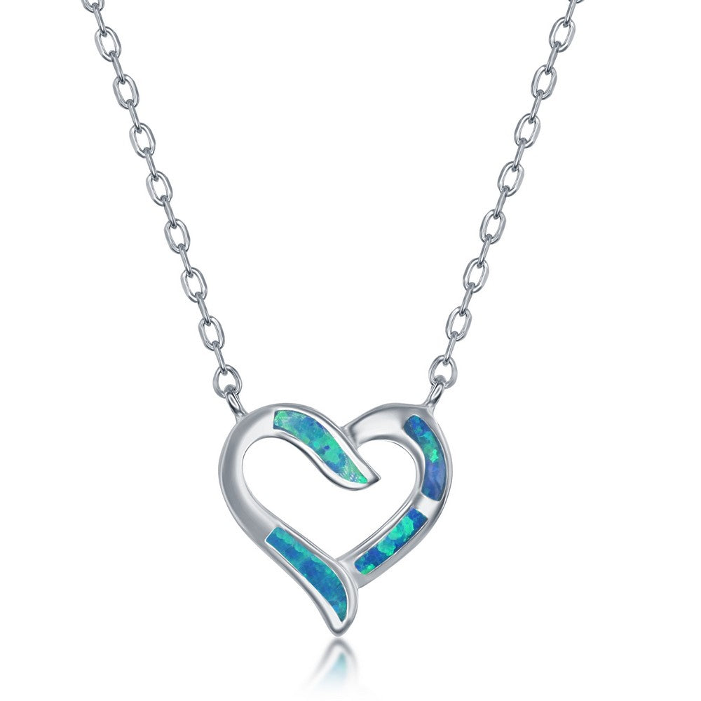 Sterling Silver Blue Inlay Opal Necklace and Earrings Set - Heart