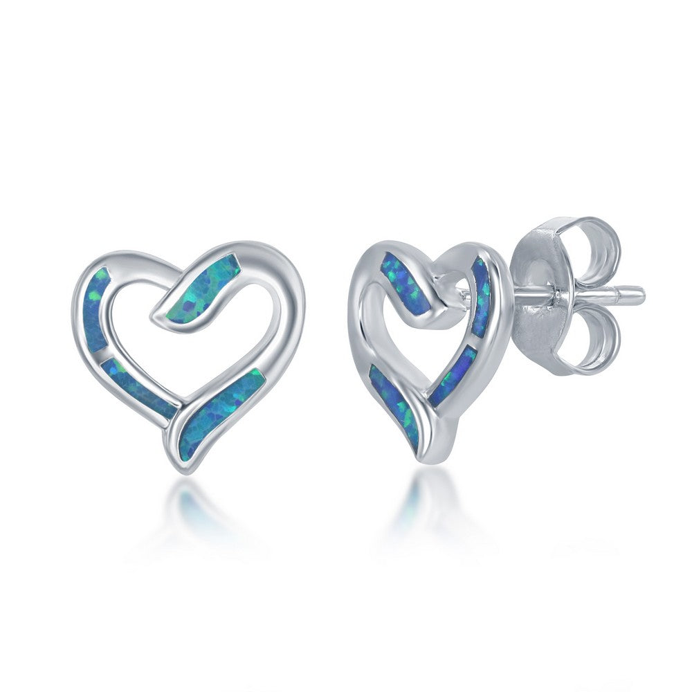 Sterling Silver Blue Inlay Opal Necklace and Earrings Set - Heart