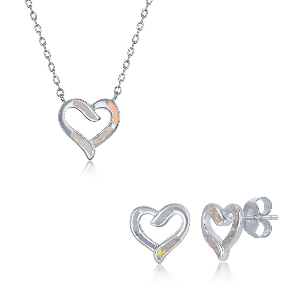 Sterling Silver White Inlay Opal Necklace and Earrings Set - Heart