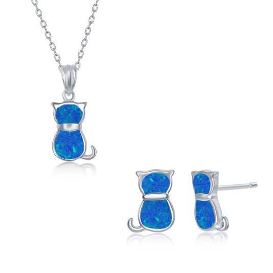 Sterling Silver Blue Inaly Opal Necklace and Earrings Set - Cat