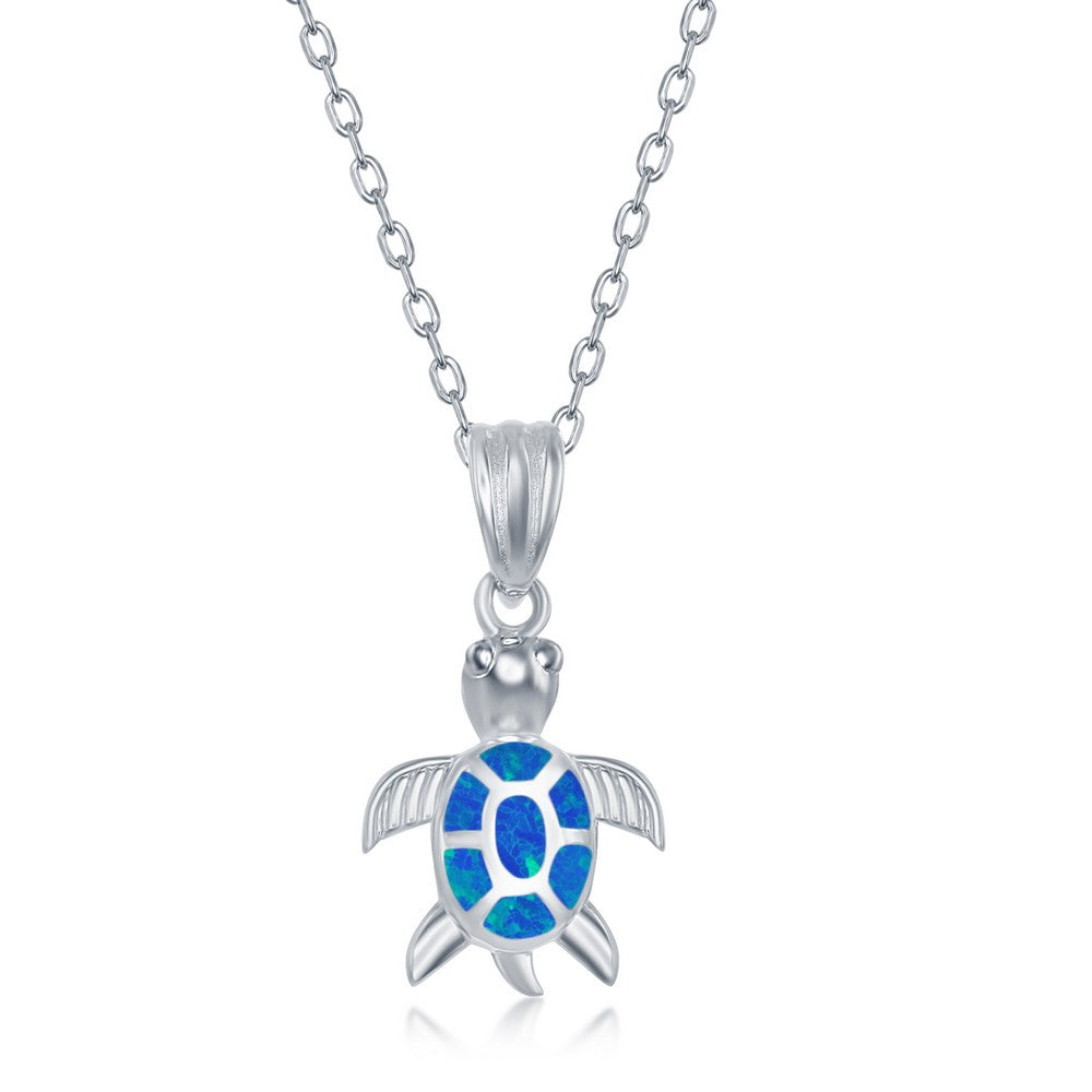 Sterling Silver Blue Inlay Opal Necklace and Earrings Set - Turtle