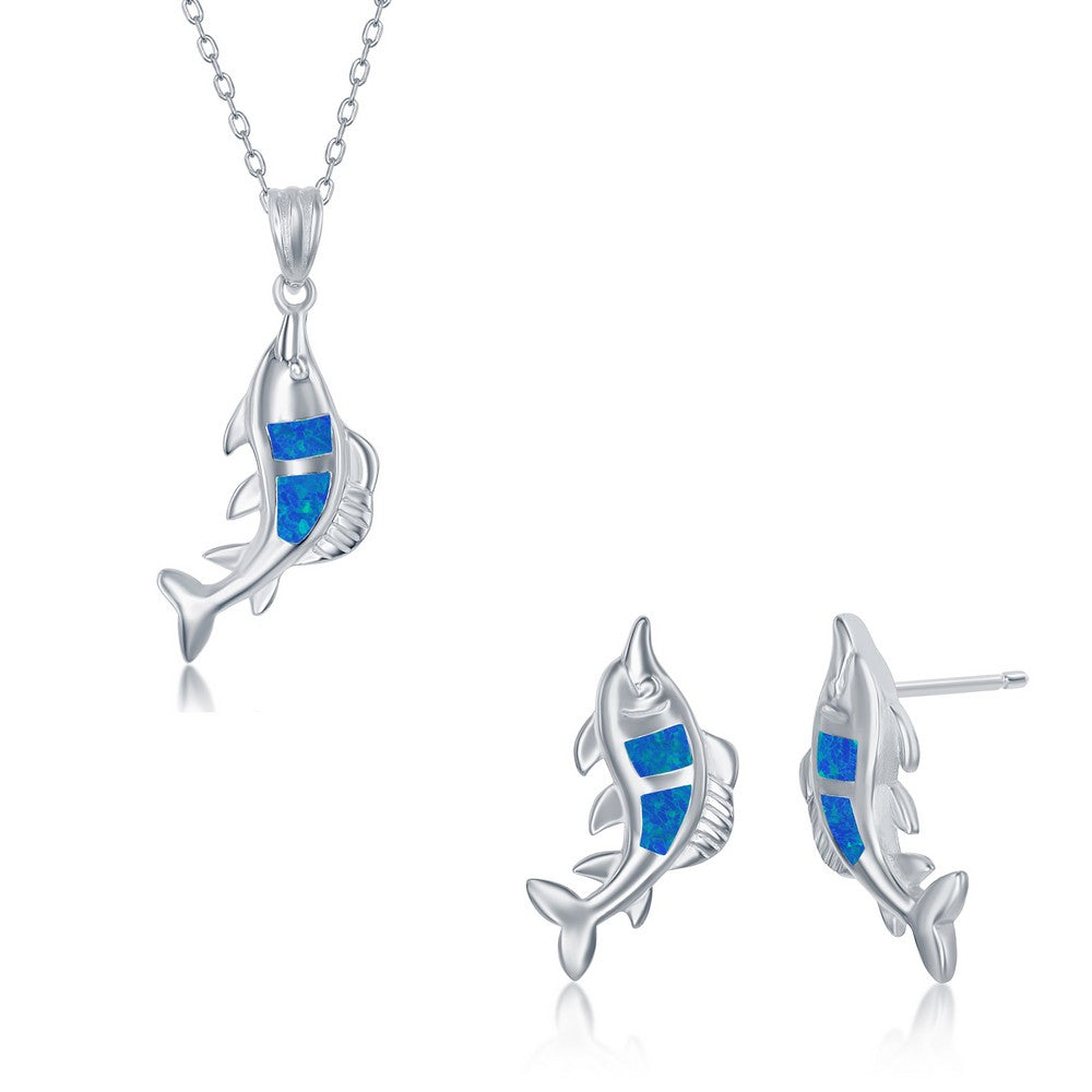 Sterling Silver Blue Inlay Opal Necklace and Earrings Set - Fish