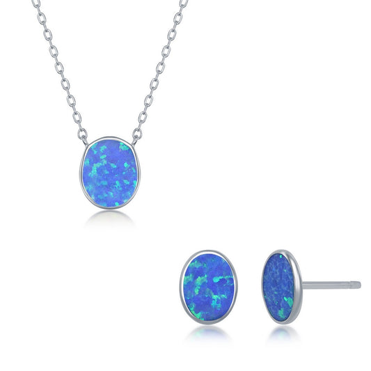 Sterling Silver Blue Inlay Opal Necklace and Earrings Set - Oval Disc