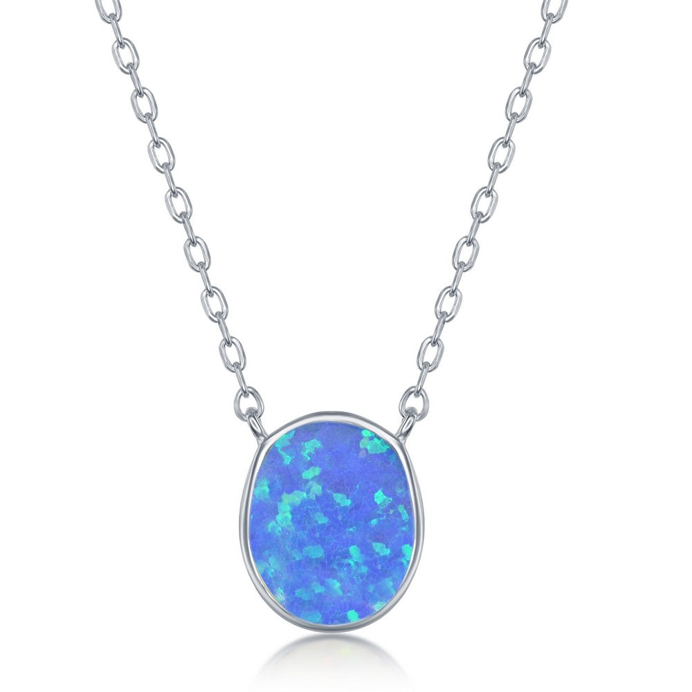 Sterling Silver Blue Inlay Opal Necklace and Earrings Set - Oval Disc