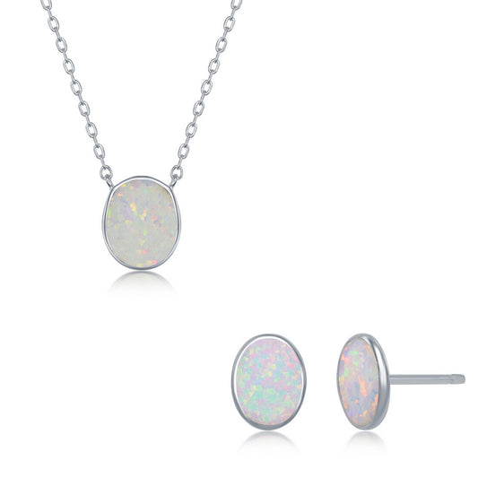 Sterling Silver White Inlay Opal Necklace and Earrings Set - Oval Disc