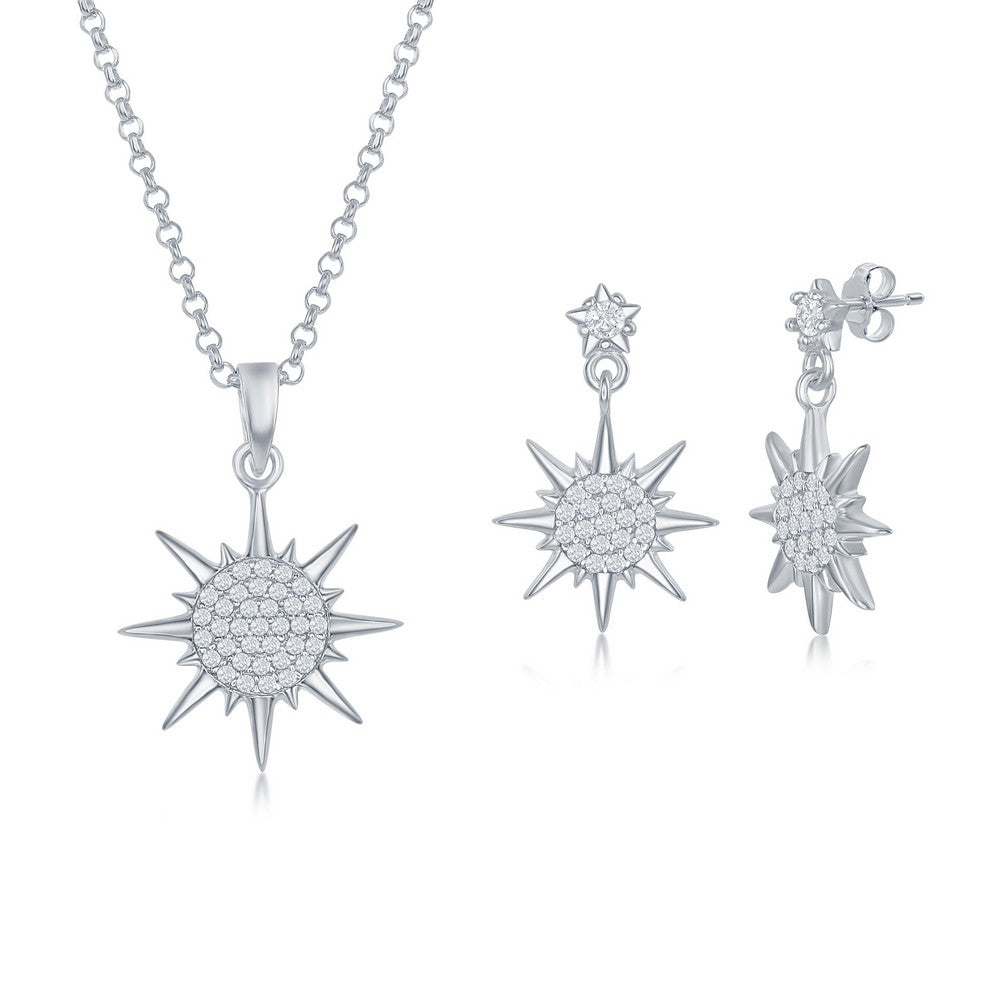 Sterling Silver CZ Sun Pendant & Earrings Set With Chain