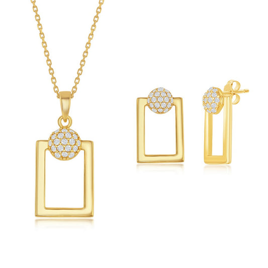 Sterling Silver Round Micro Pave CZ Open Rectangle Pendant & Earrings Set With Chain - Gold Plated