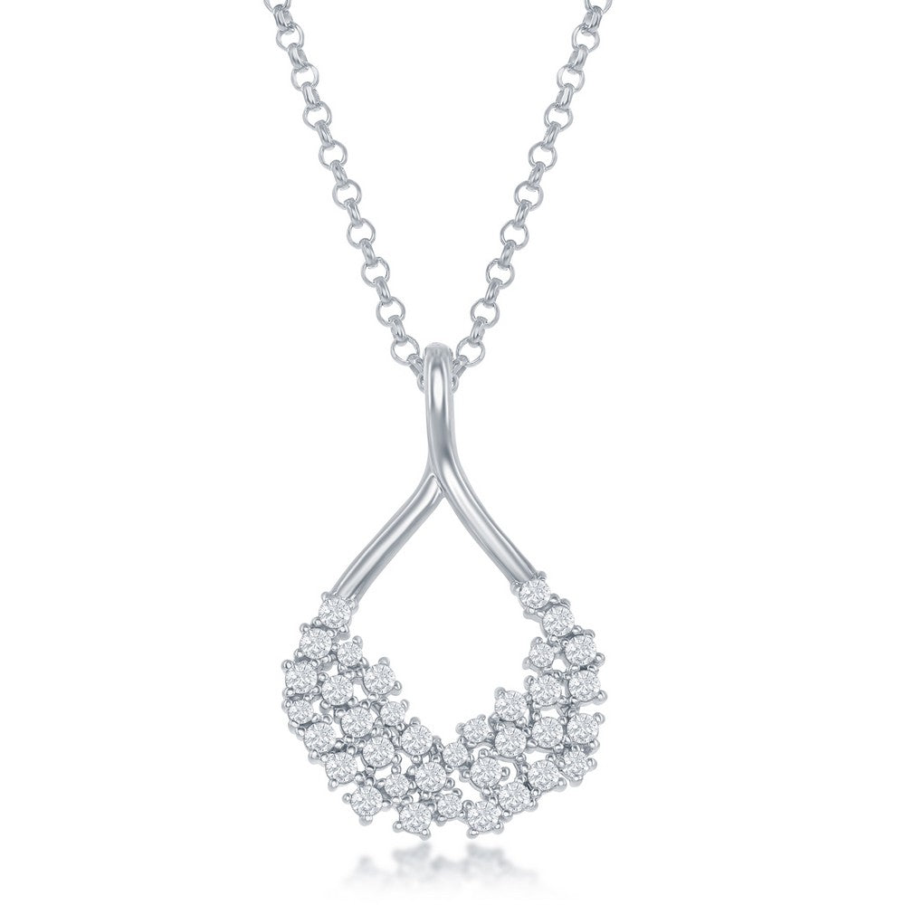 Sterling Silver CZ Open Pear-Shaped Pendant & Earrings Set With Chain