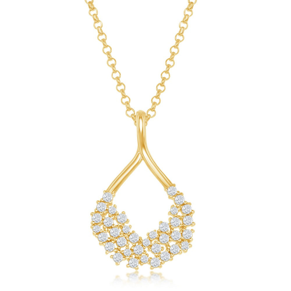 Sterling Silver CZ Open Pear-Shaped Pendant & Earrings Set With Chain - Gold Plated