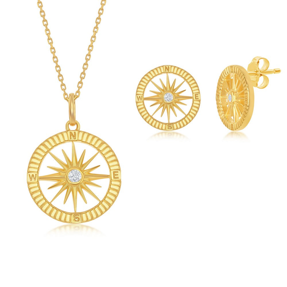 Sterling Silver Gold Plated CZ Compass Pendant & Earrings Set With Chain