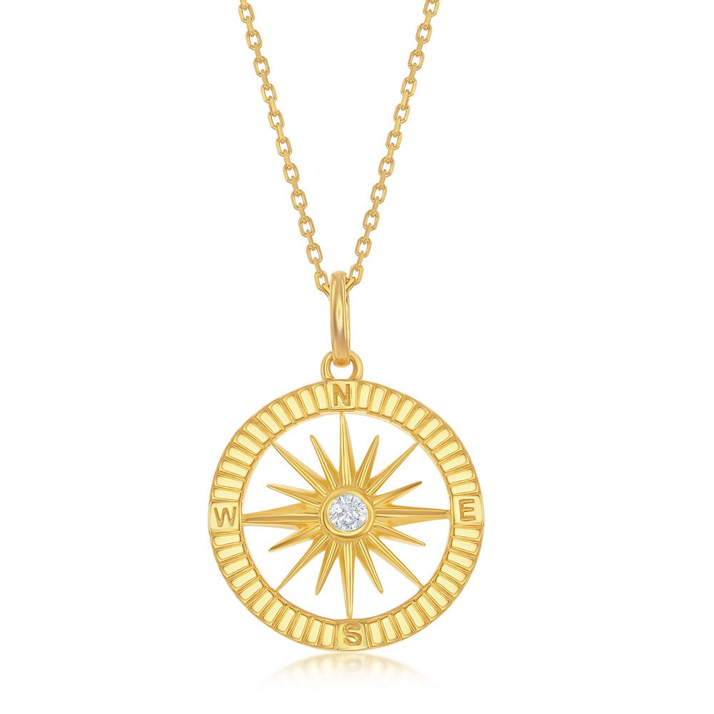 Sterling Silver Gold Plated CZ Compass Pendant & Earrings Set With Chain