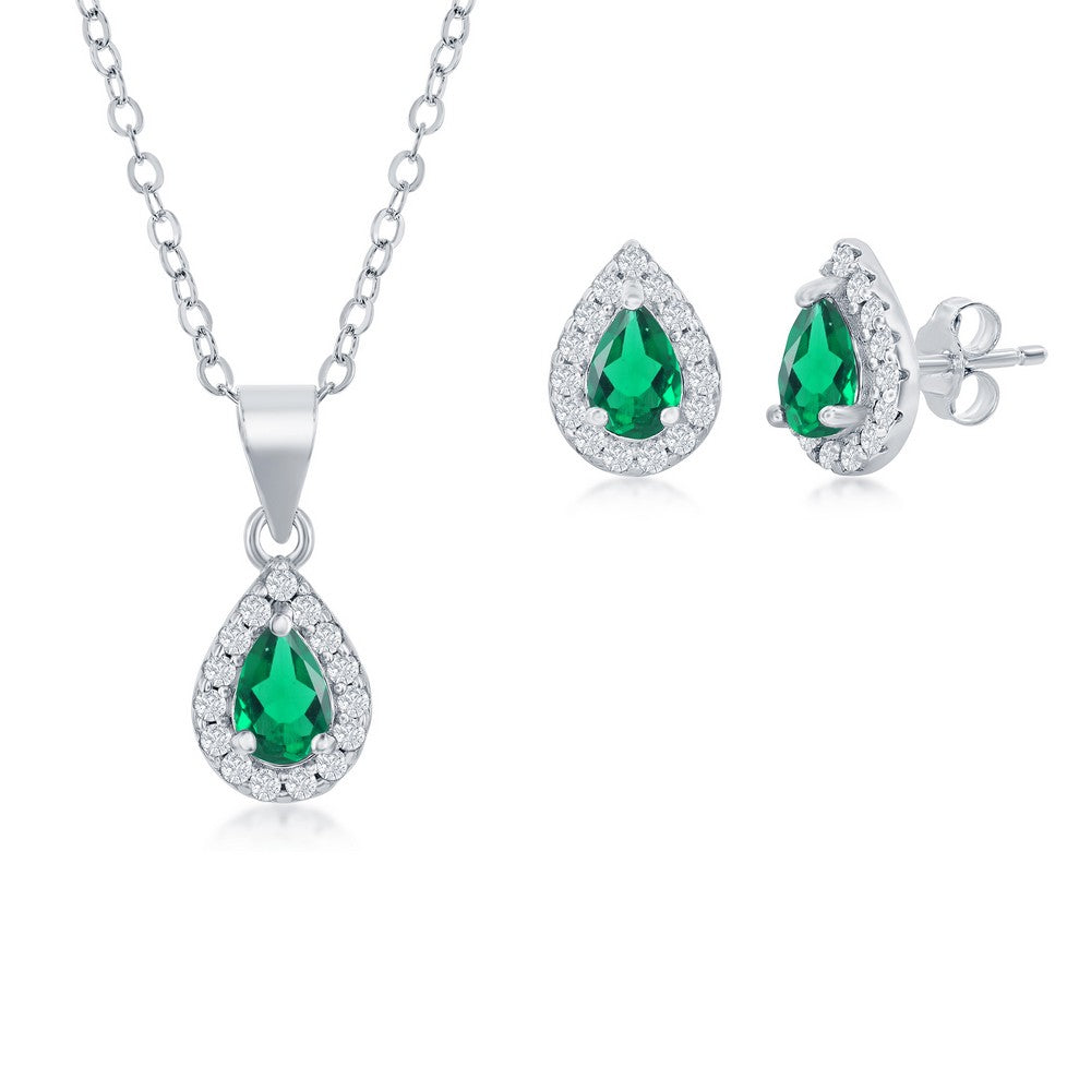 Sterling Silver 5x3mm Emearld Pear-Shaped Necklace & Earrings Set