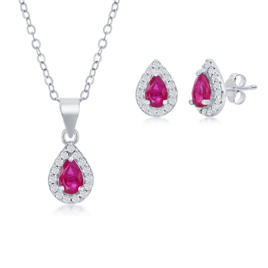 Sterling Silver 5x3mm Ruby Pear-Shaped Necklace & Earrings Set