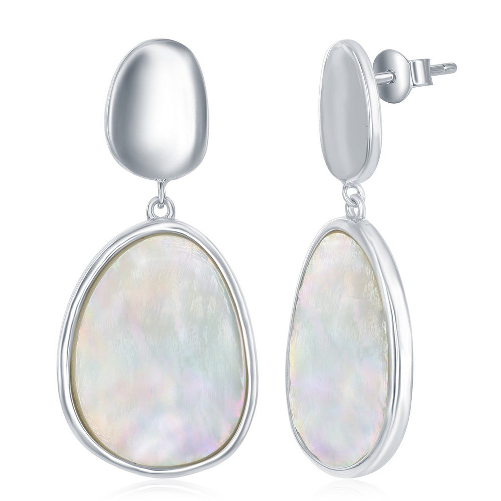 Sterling Silver Shiny Oval Disc and Mother of Pearl Earrings