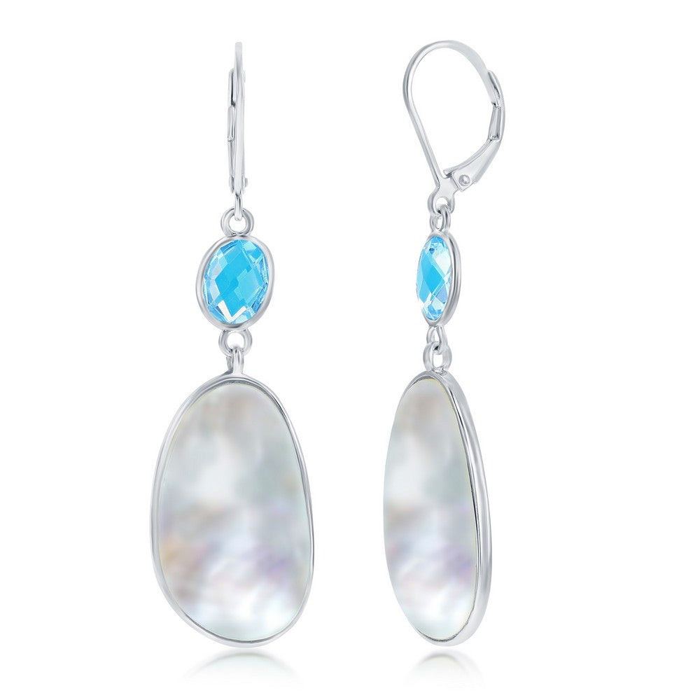 Sterling Silver Oval Blue Topaz and Irregular MOP Earrings