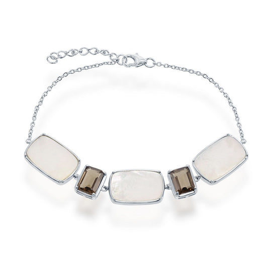 Sterling Silver Alternating Rectangle Mother of Pearl and Smoky Quartz Bracelet