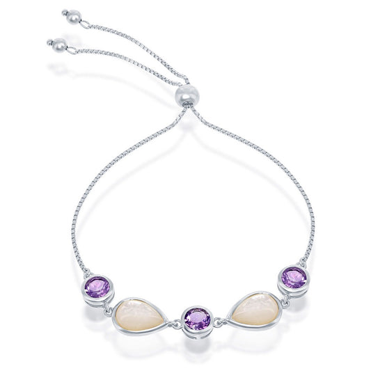 Sterling Silver Amethyst and Mother of Pearl Adjustable Bolo Bracelet