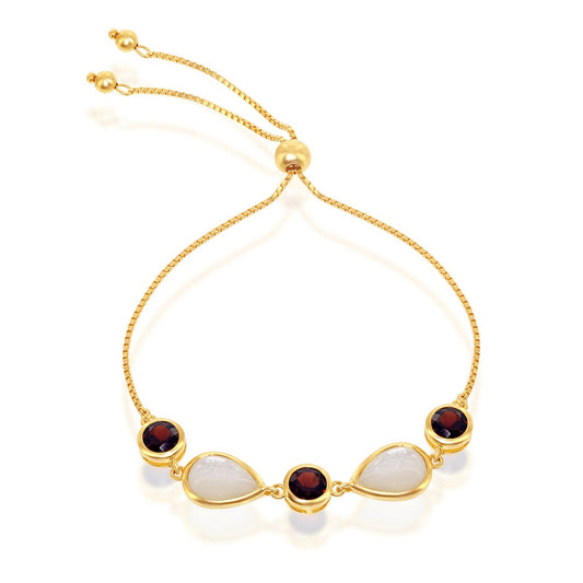 Sterling Silver Garnet and Mother of Pearl Adjustable Bolo Bracelet - Gold Plated