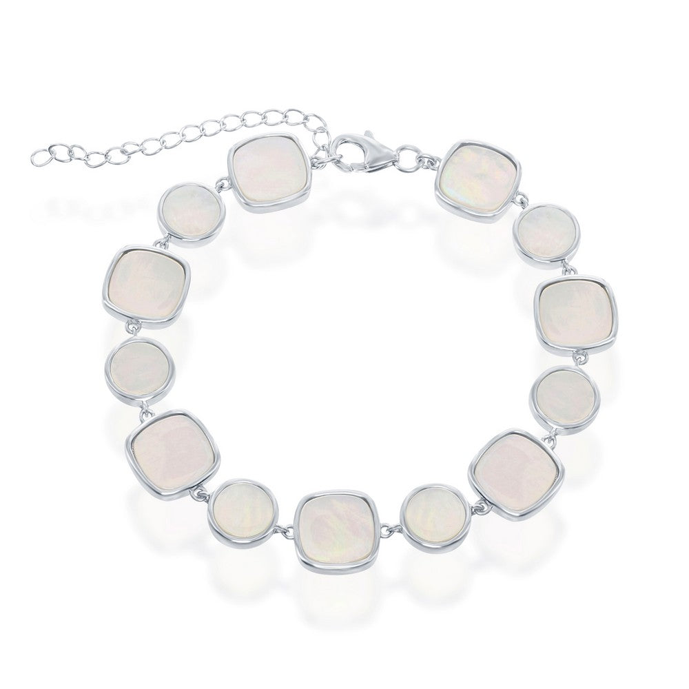 Sterling Silver Alternating Round & Square Mother of Pearl Link Bracelet