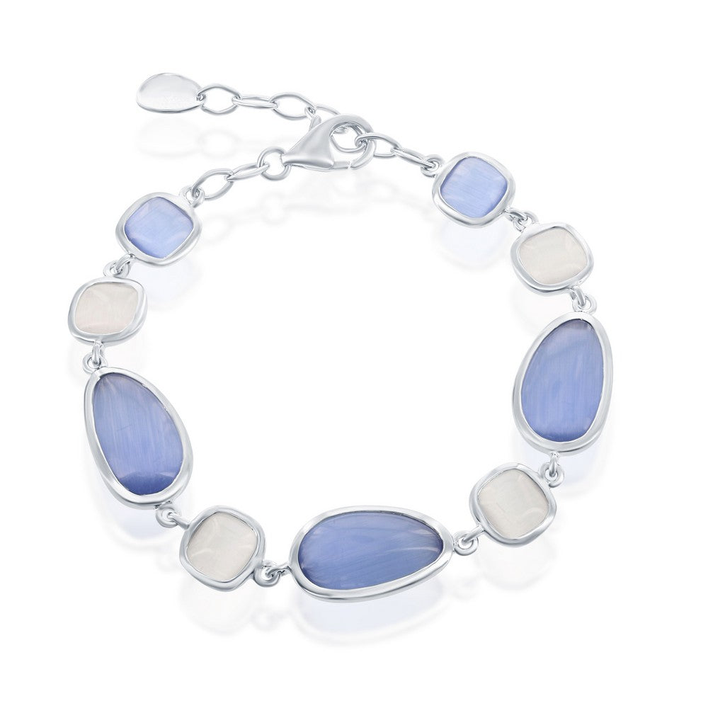 Sterling Silver Irregular Blue Gray and Square Gray Cats Eye Bracelet