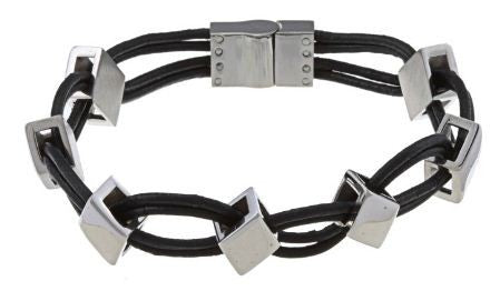Stainless Steel Leather and Diamond Shaped Links Bracelet