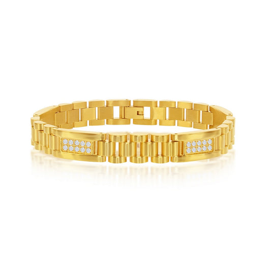 Stainless Steel CZ Link Bracelet - Gold Plated