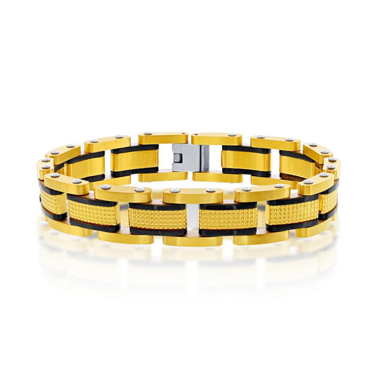 Stainless Steel Gold and Black Textured Link Bracelet