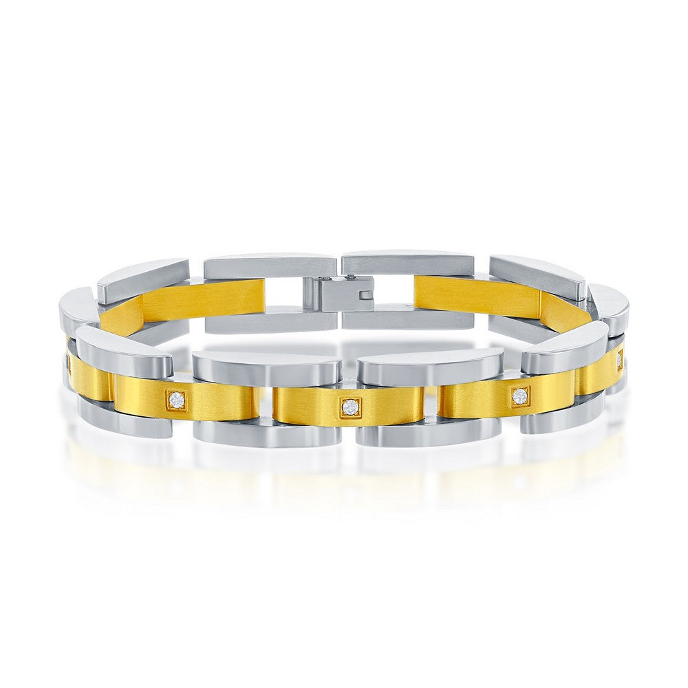 Stainless Steel Gold & Silver Link CZ Bracelet