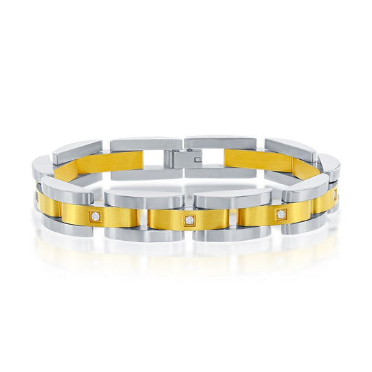 Stainless Steel Gold & Silver Link CZ Bracelet
