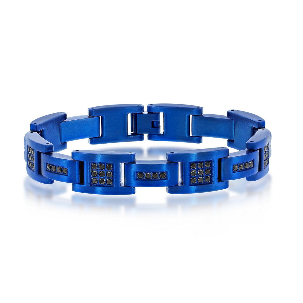 Stainless Steel Black-CZ Link Bracelet - Blue Plating