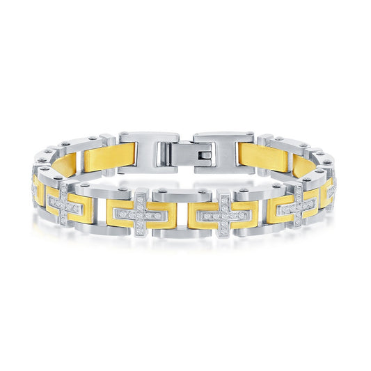 Stainless Steel Gold & Silver CZ Cross Link Bracelet