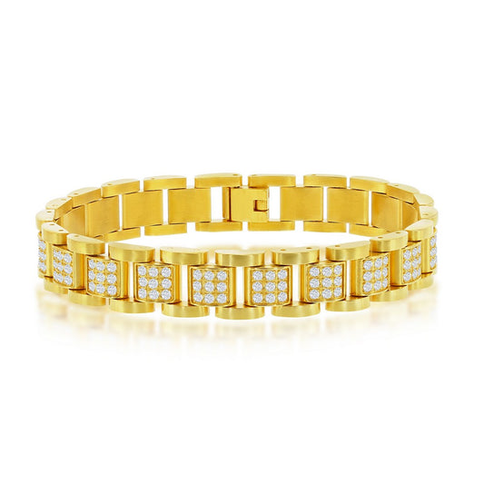 Stainless Steel CZ Square Link Bracelet - Gold Plated