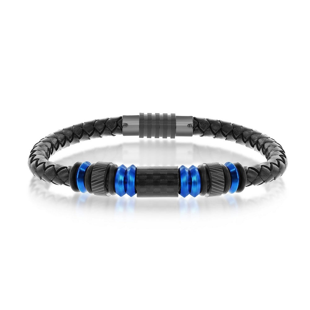 Blue Stainless Steel With  Black Carbon Fiber Genuine Leather Bracelet
