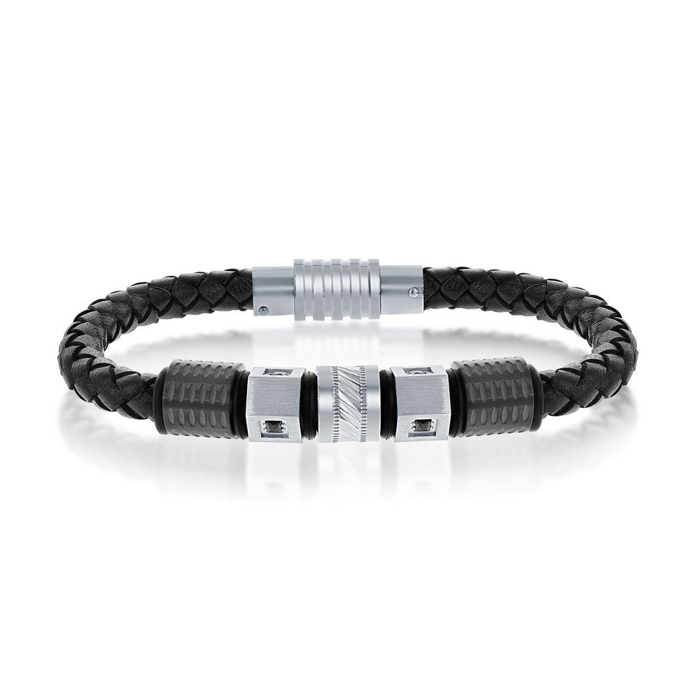 Black & Silver Stainless Steel With  Black CZ Genuine Leather Bracelet