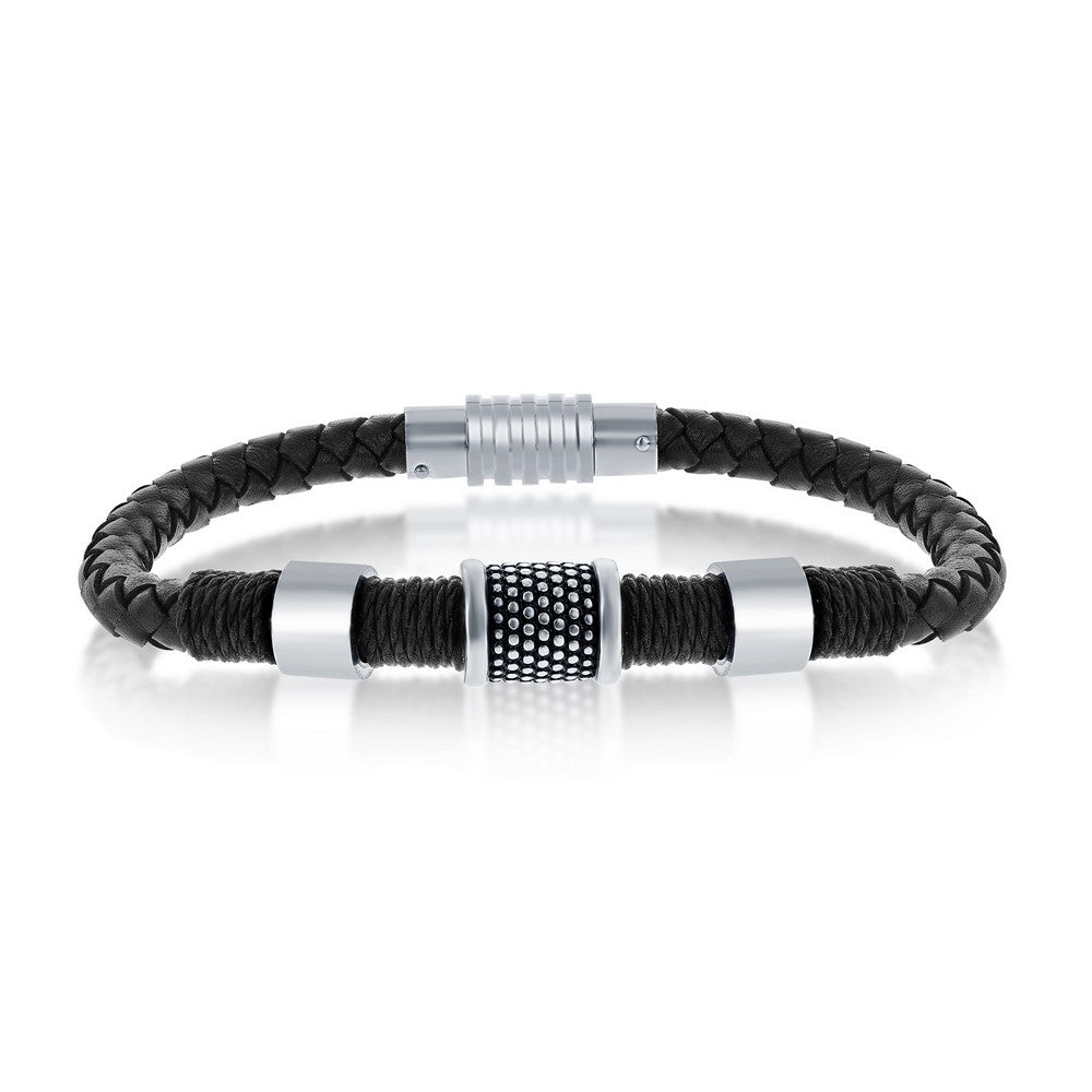Stainless Steel Oxidized Rope Design Genuine Leather Bracelet