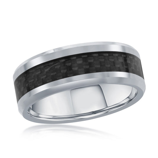 Black Carbon Fiber & Polished Silver Tungsten Ring
