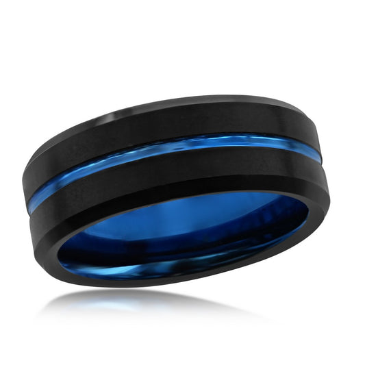 Matte Black & Polished Blue Stripe Tungsten Ring