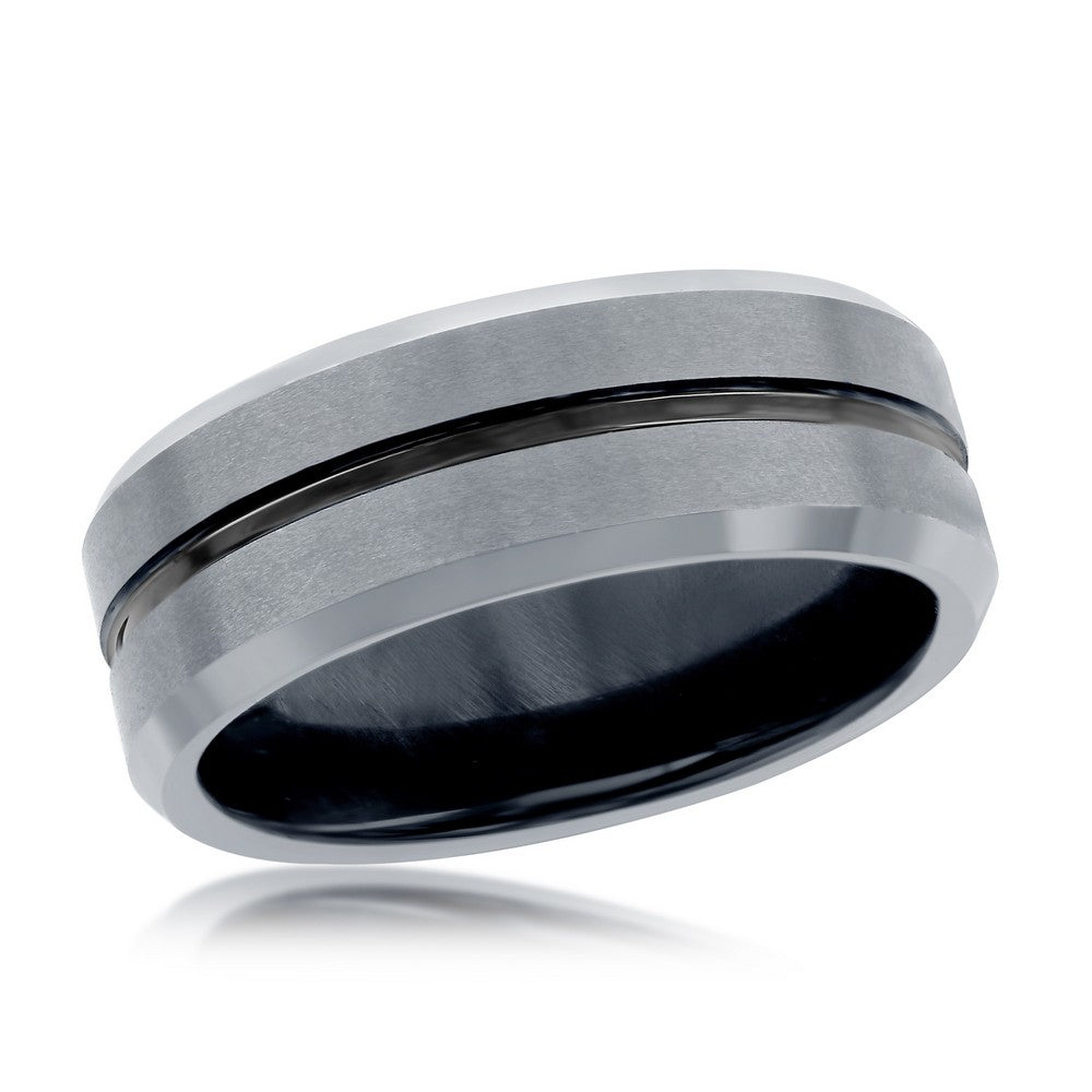 Matte & Polished Silver and Black Stripe Tungsten Ring