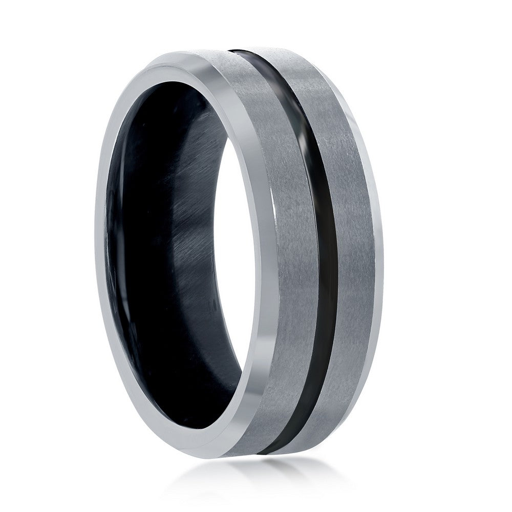 Matte & Polished Silver and Black Stripe Tungsten Ring