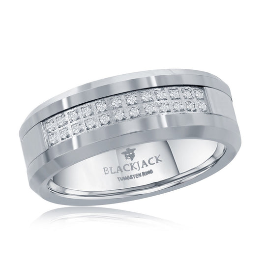 Brushed and Polished Double Row CZ Silver Tungsten Ring