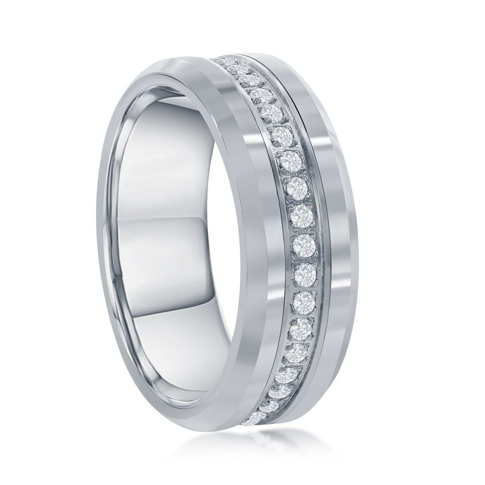 Polished Silver CZ Eternity Tungsten Band Ring