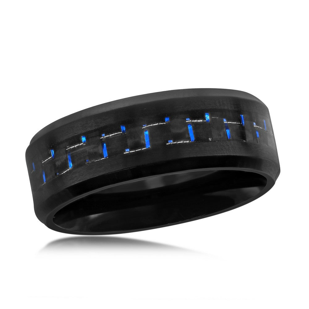 Stainless Steel Black and Blue Carbon Fiber Ring